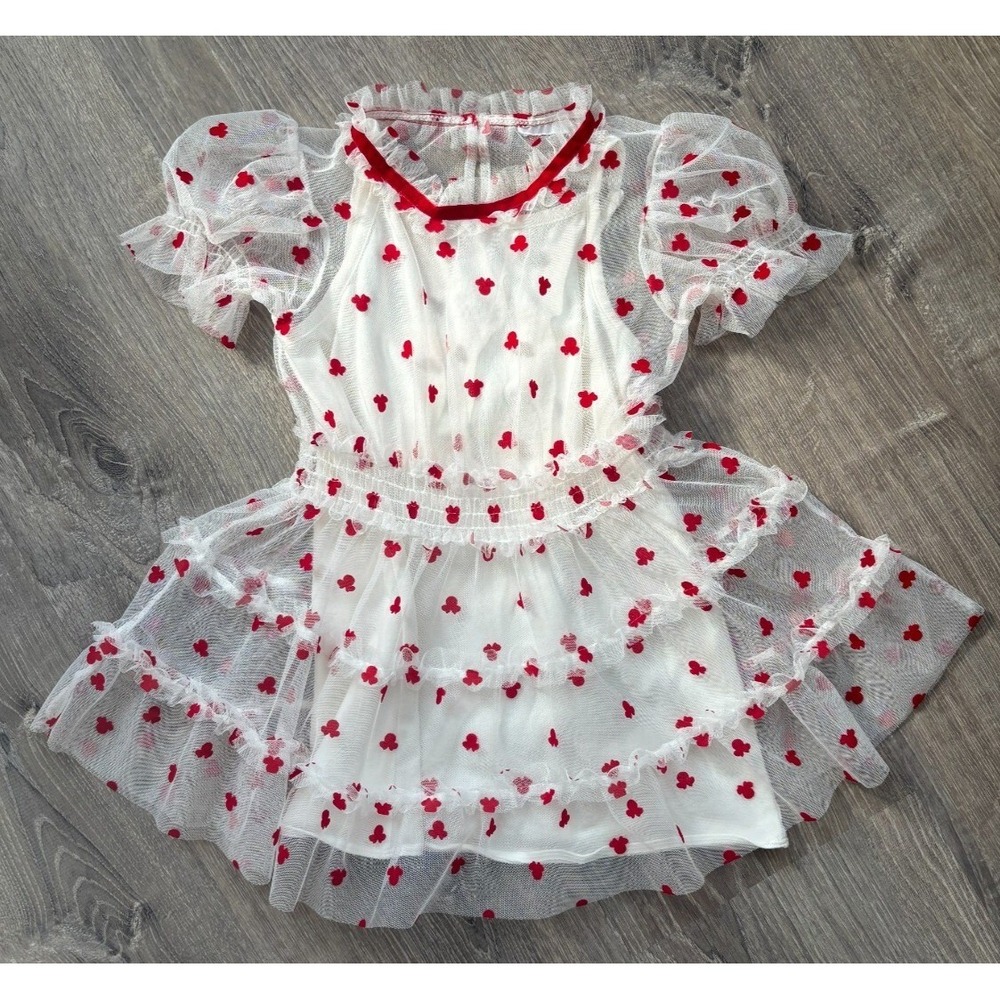 Disney Girls White Red Flocked Minnie Mouse Tulle Tiered Dress Size 4 Occasion